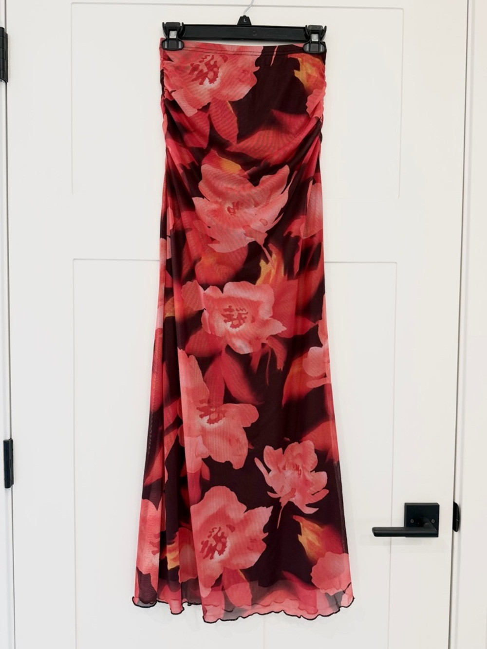 Floral Mesh Maxi Skirt Polyester Bodycon Wedding Guest Pink Burgundy XS